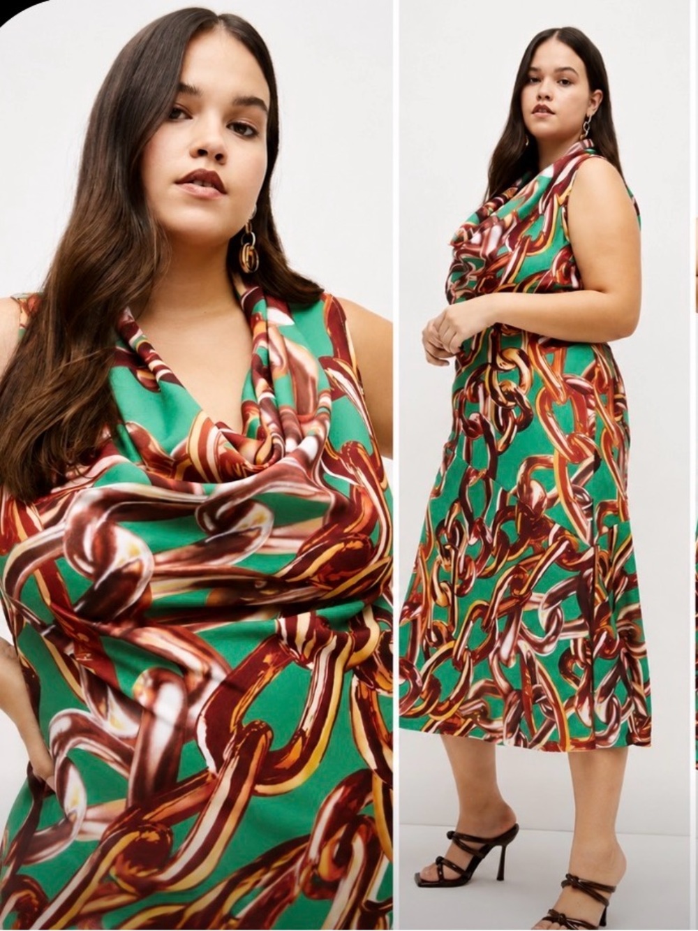 Karen Millen Green and Burgundy Chain-Print Cowl Midi Dress